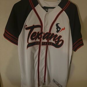 HOUSTON TEXANS LARGE BASEBALL JERSEY DOUBLE SIDE GRAPHIC LOGO ON THE SLEEVE NWY